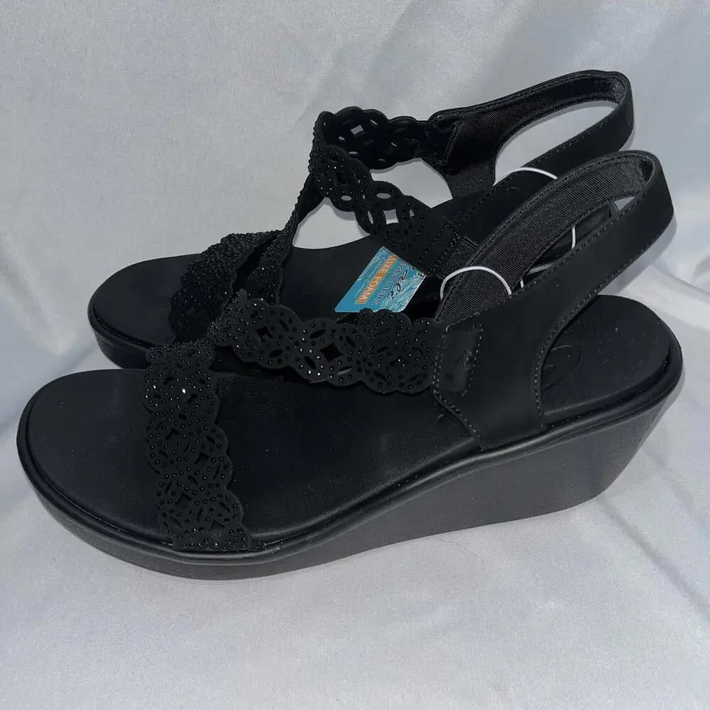 Skechers Luxe Foam Wedge Sandals Women’s Size 11 Black Rhinestone Strappy 2.5 in